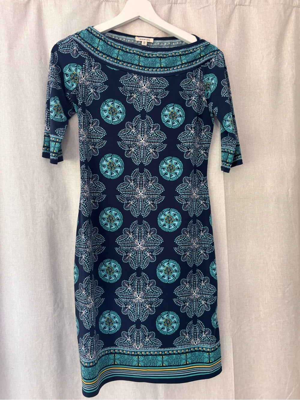 Max Studio XS Navy Blue Printed Sheath Dress 3/4 Sleeve Stretch Knit Boho